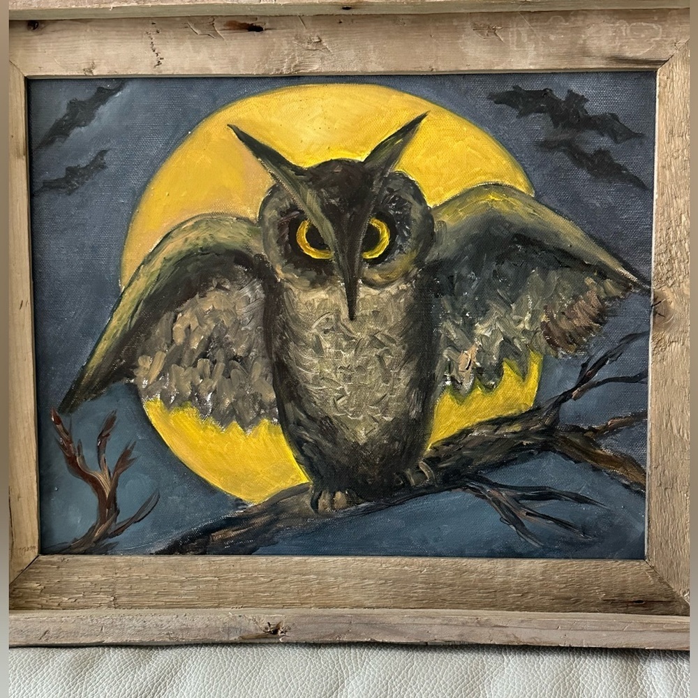 OIL PAINTING SIGNED Reclaimed Wood Framed Owl Painting With Yellow Moon Harvest - Picture 2 of 11